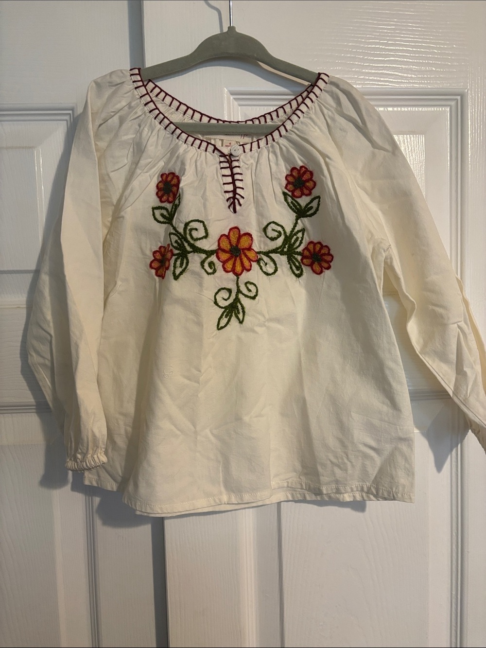 Mimi & Maggie Cream Peasant Top with Red and Yellow Floral Embroidery